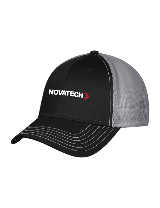 Black/Medium Dark Grey Mesh Trucker Cap Snap Back w/Novatech Logo