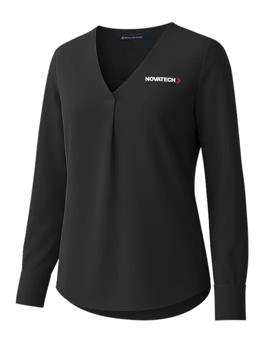 Brooks Brothers Womens Black Open-Neck Satin Blouse  w/Novatech Logo