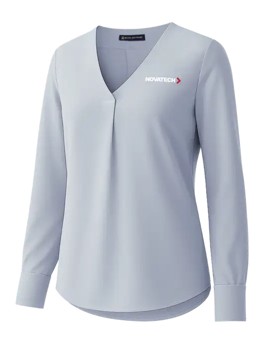 Brooks Brothers Womens Light Slate Blue Open-Neck Satin Blouse  w/Novatech Logo