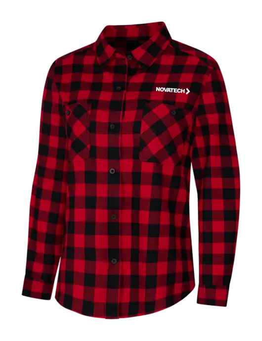 Womens Red/Black Buffalo Check Plaid Flannel Shirt w/Novatech Logo