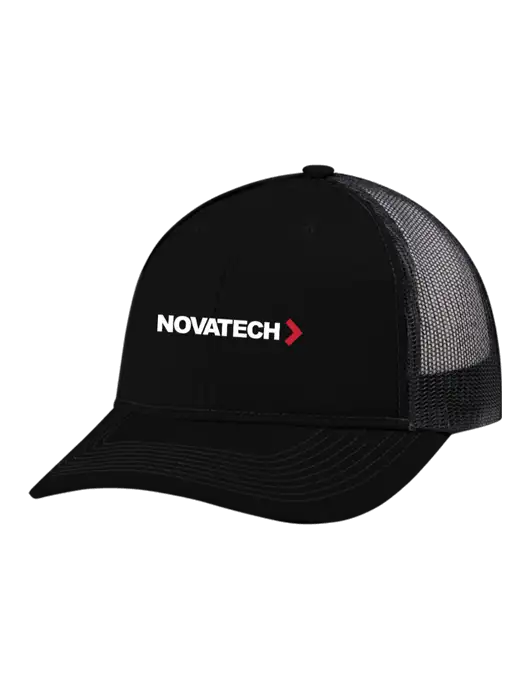 Snapback Ponytail Trucker Cap Black w/Black Mesh w/Novatech Logo